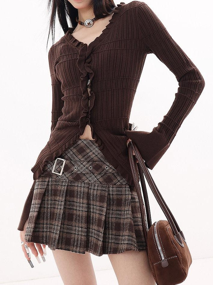 QIUQIU STUDIO Plaid Tweed Pleated A Line Women&