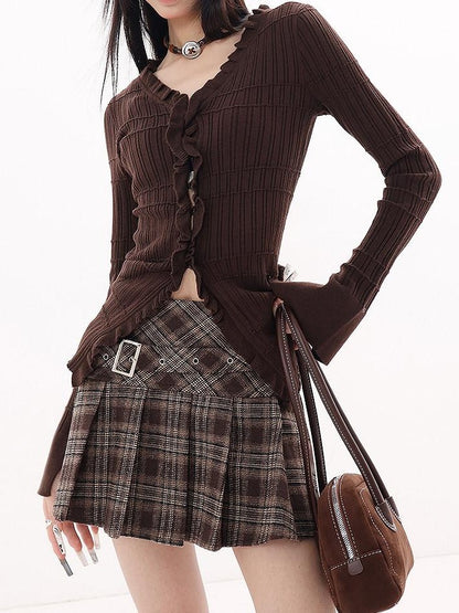 QIUQIU STUDIO Plaid Tweed Pleated A Line Women&