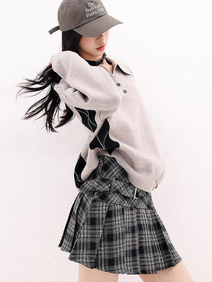 QIUQIU STUDIO Plaid Tweed Pleated A Line Women&