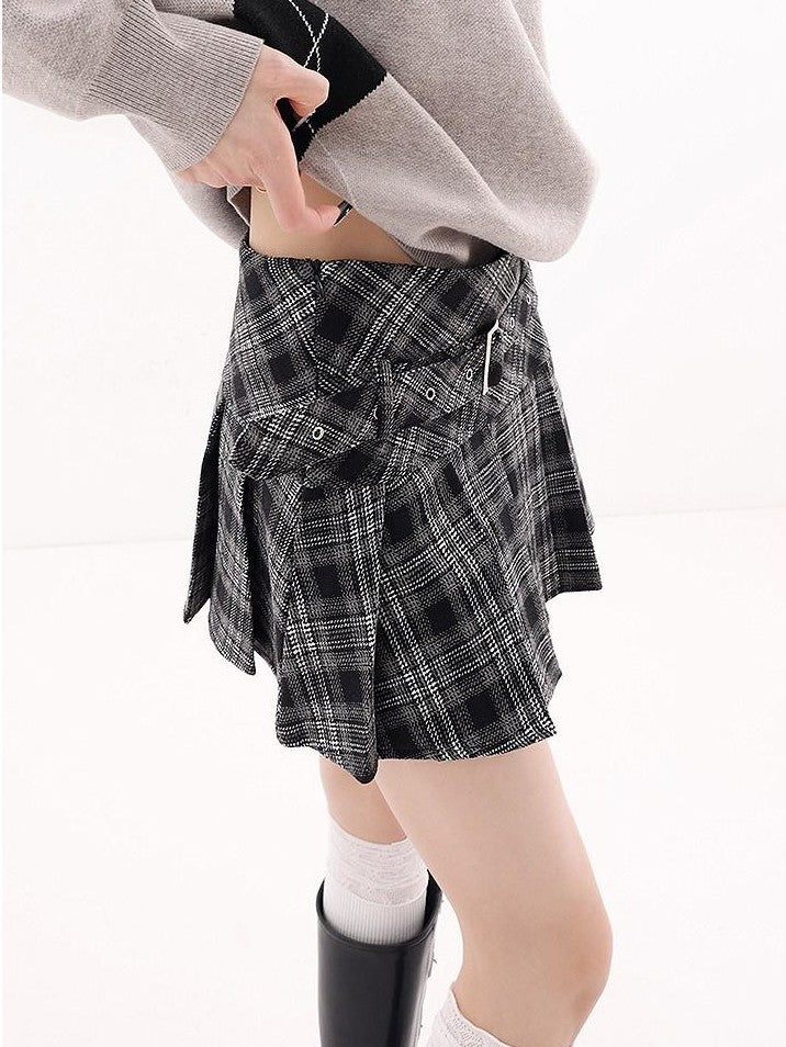 QIUQIU STUDIO Plaid Tweed Pleated A Line Women&