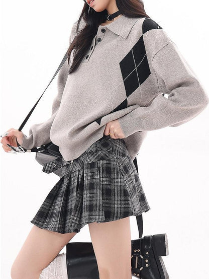 QIUQIU STUDIO Plaid Tweed Pleated A Line Women&