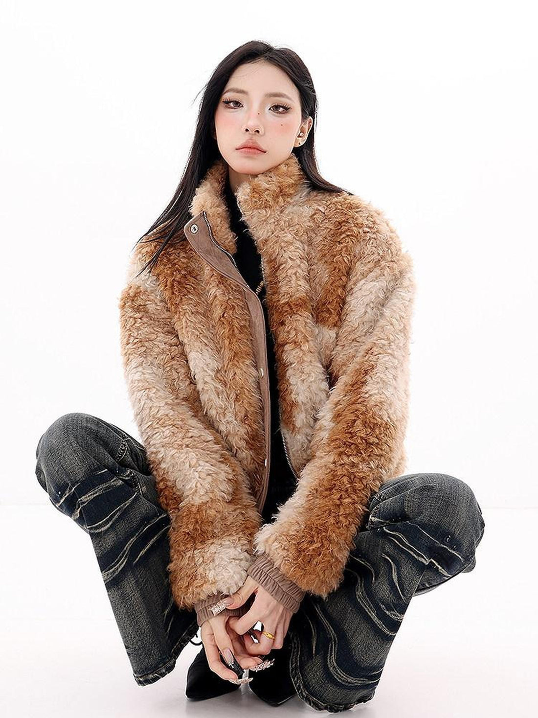 QIUQIU STUDIO Plush Floral Stand Collar Loose Fit Women&