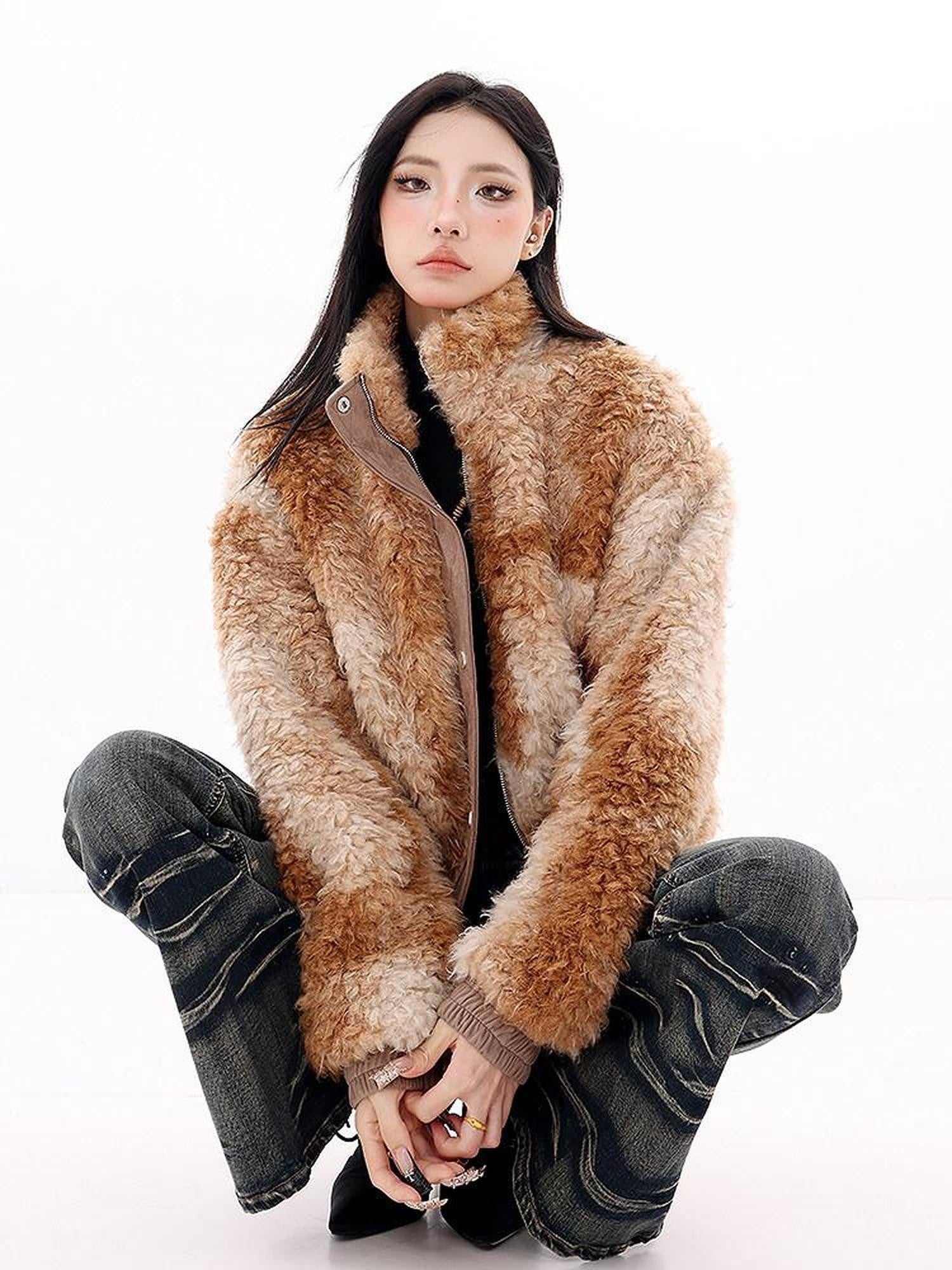 QIUQIU STUDIO Plush Floral Stand Collar Loose Fit Women&