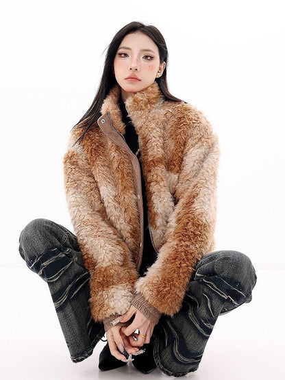 QIUQIU STUDIO Plush Floral Stand Collar Loose Fit Women&