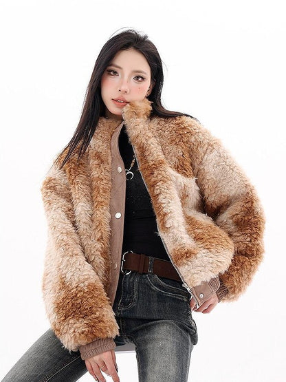 QIUQIU STUDIO Plush Floral Stand Collar Loose Fit Women&