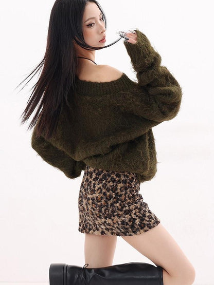 QIUQIU STUDIO Plush Leopard Print A Line Slim Women&