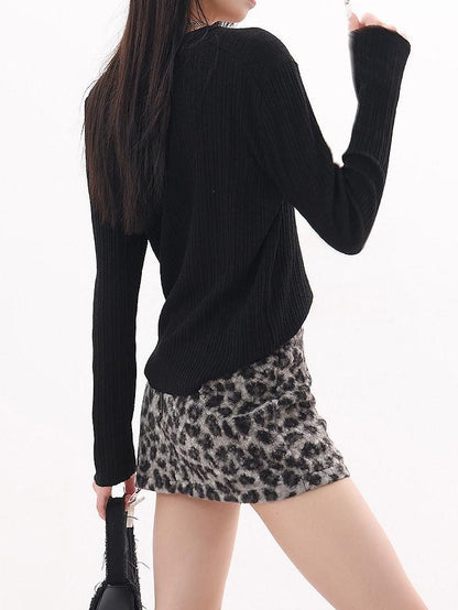 QIUQIU STUDIO Plush Leopard Print A Line Slim Women&
