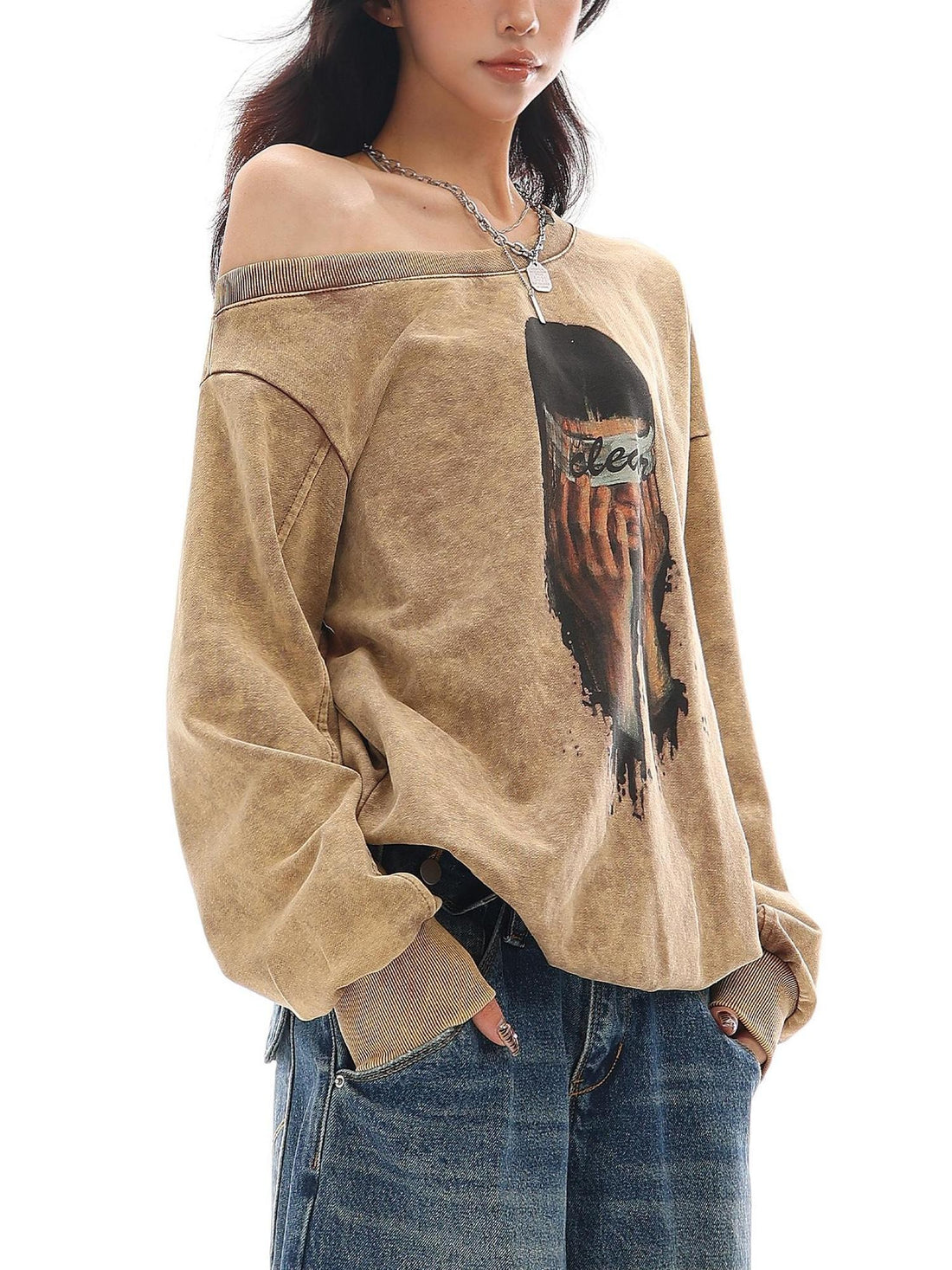 QIUQIU STUDIO Portrait Print Asymmetrical Shoulder Women&