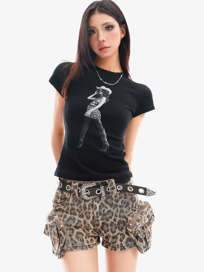QIUQIU STUDIO Portrait Print Crew Neck Slim Waist Women&