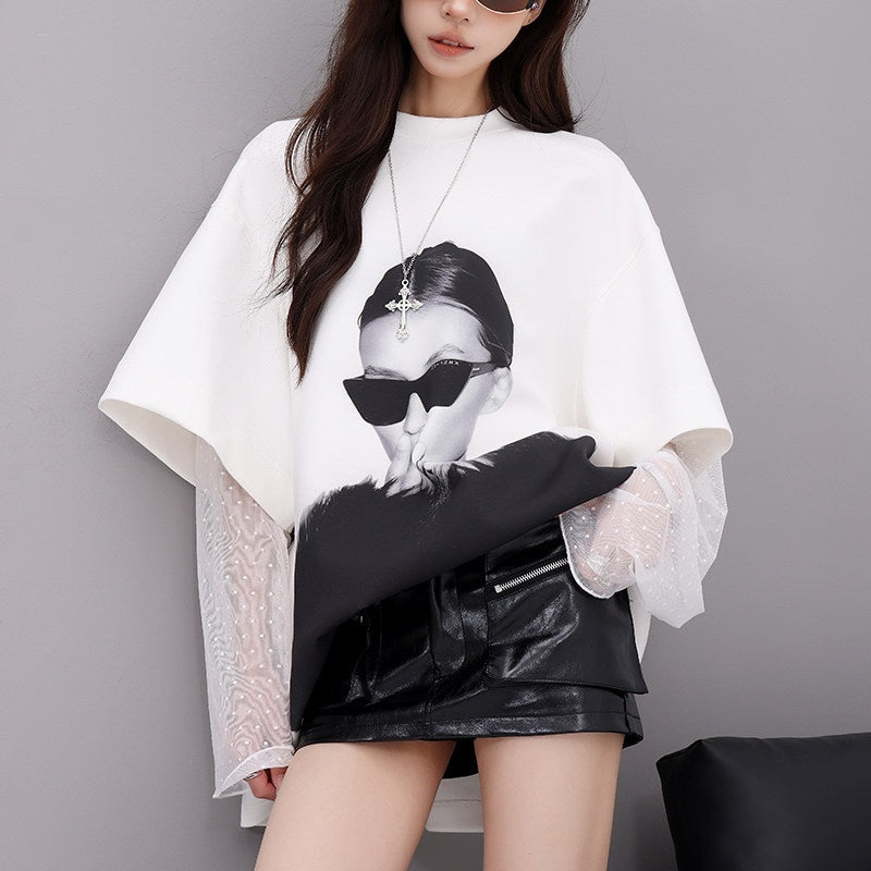 QIUQIU_STUDIO_Portrait_Print_Lace_Splice_Round_Neck_Long_Sleeve_Women&