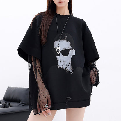 QIUQIU_STUDIO_Portrait_Print_Lace_Splice_Round_Neck_Long_Sleeve_Women&