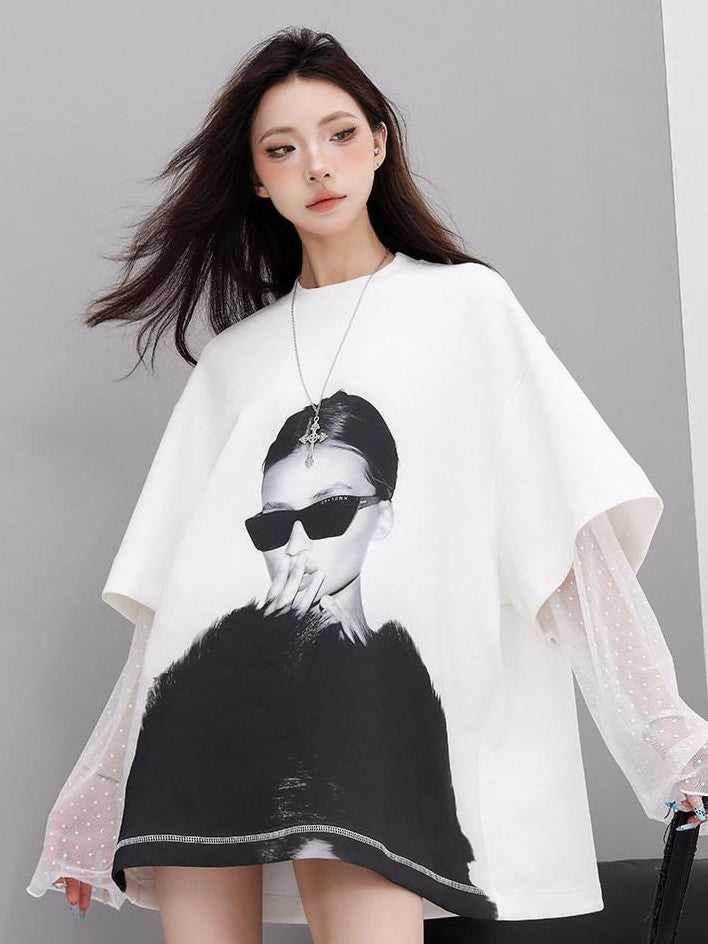 QIUQIU STUDIO Portrait Print Lace Splice Round Neck Long Sleeve Women&