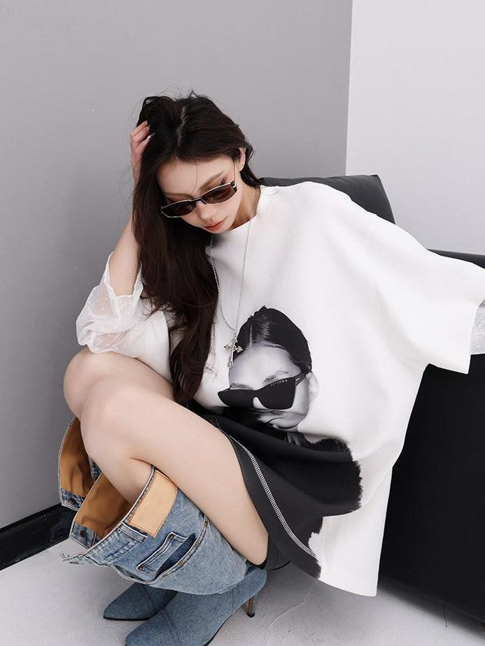 QIUQIU STUDIO Portrait Print Lace Splice Round Neck Long Sleeve Women&