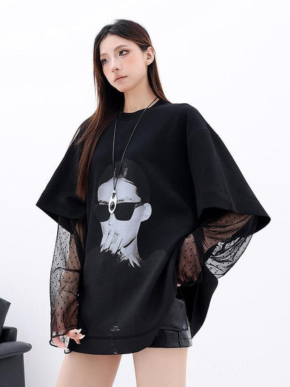 QIUQIU STUDIO Portrait Print Lace Splice Round Neck Long Sleeve Women&