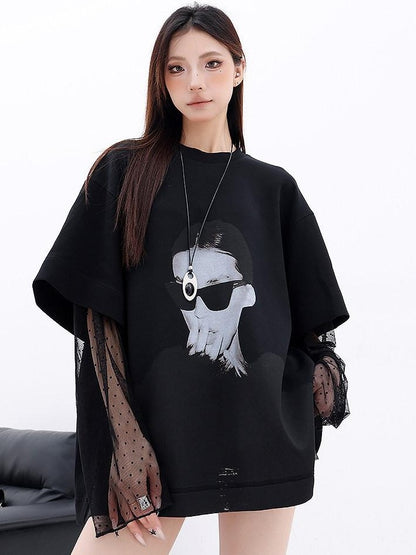 QIUQIU STUDIO Portrait Print Lace Splice Round Neck Long Sleeve Women&