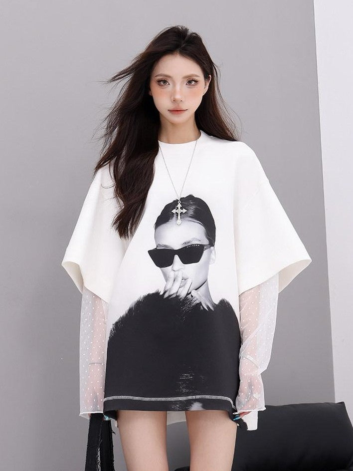 QIUQIU STUDIO Portrait Print Lace Splice Round Neck Long Sleeve Women&