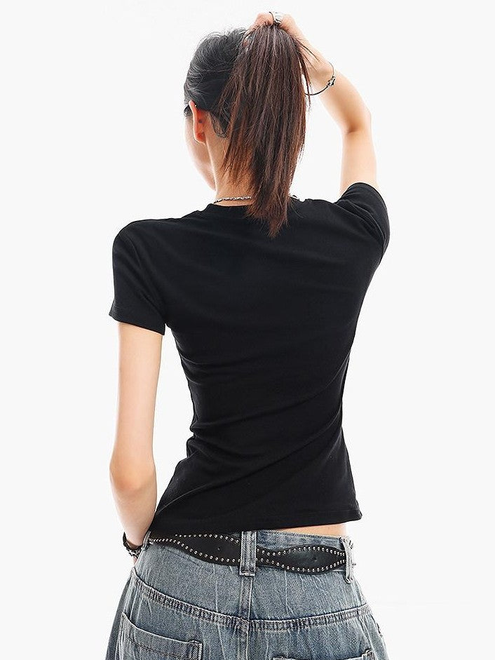 QIUQIU STUDIO Portrait Print Short Sleeve Cinched Waist Round Neck Women&