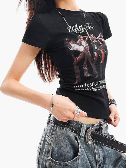 QIUQIU STUDIO Portrait Print Short Sleeve Cinched Waist Round Neck Women&