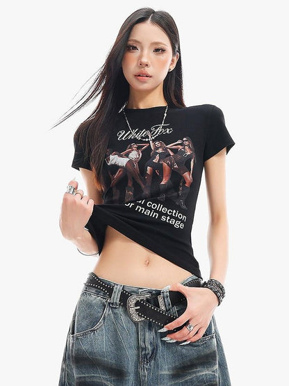 QIUQIU STUDIO Portrait Print Short Sleeve Cinched Waist Round Neck Women&