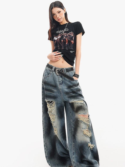 QIUQIU STUDIO Portrait Print Short Sleeve Cinched Waist Round Neck Women&