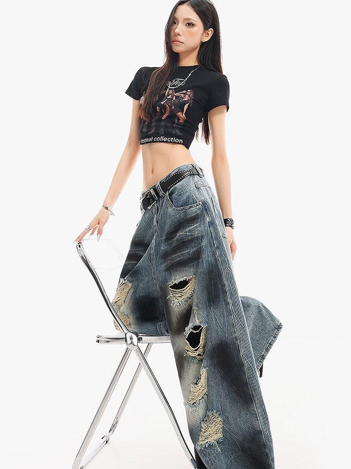 QIUQIU STUDIO Portrait Print Short Sleeve Cinched Waist Round Neck Women&