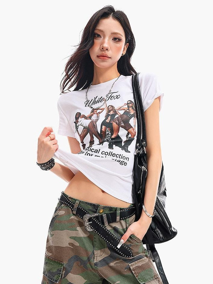 QIUQIU STUDIO Portrait Print Short Sleeve Cinched Waist Round Neck Women&