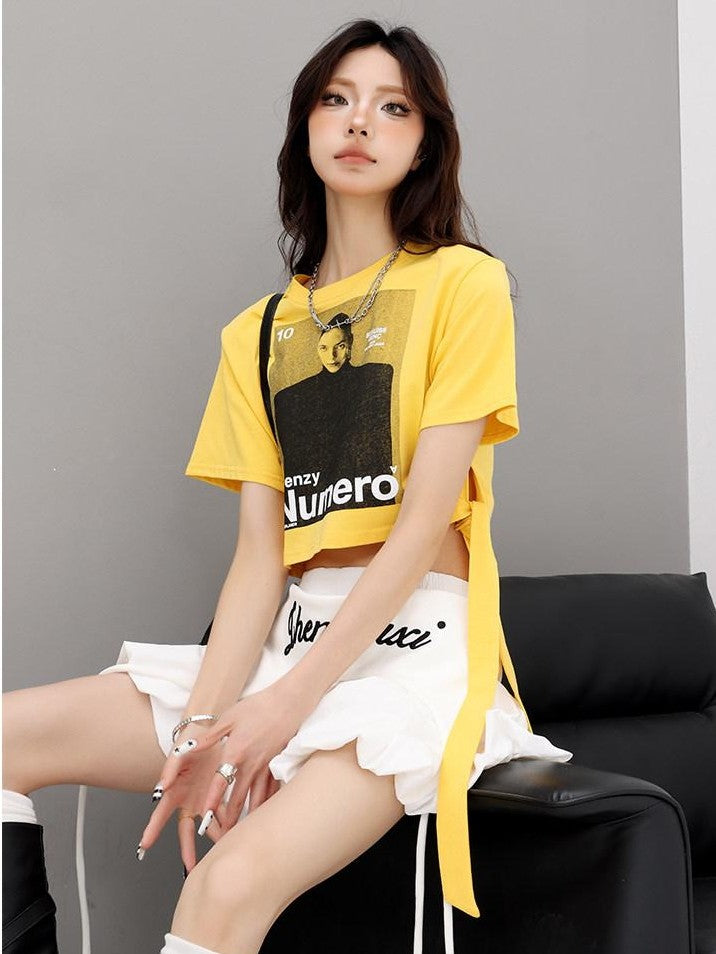 QIUQIU STUDIO Portrait Print Tie Front Round Neck Slim Fit Women&