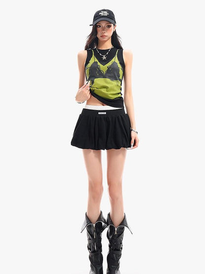 QIUQIU STUDIO Puff A Line Colorblock Patchwork Double Waistband Women&