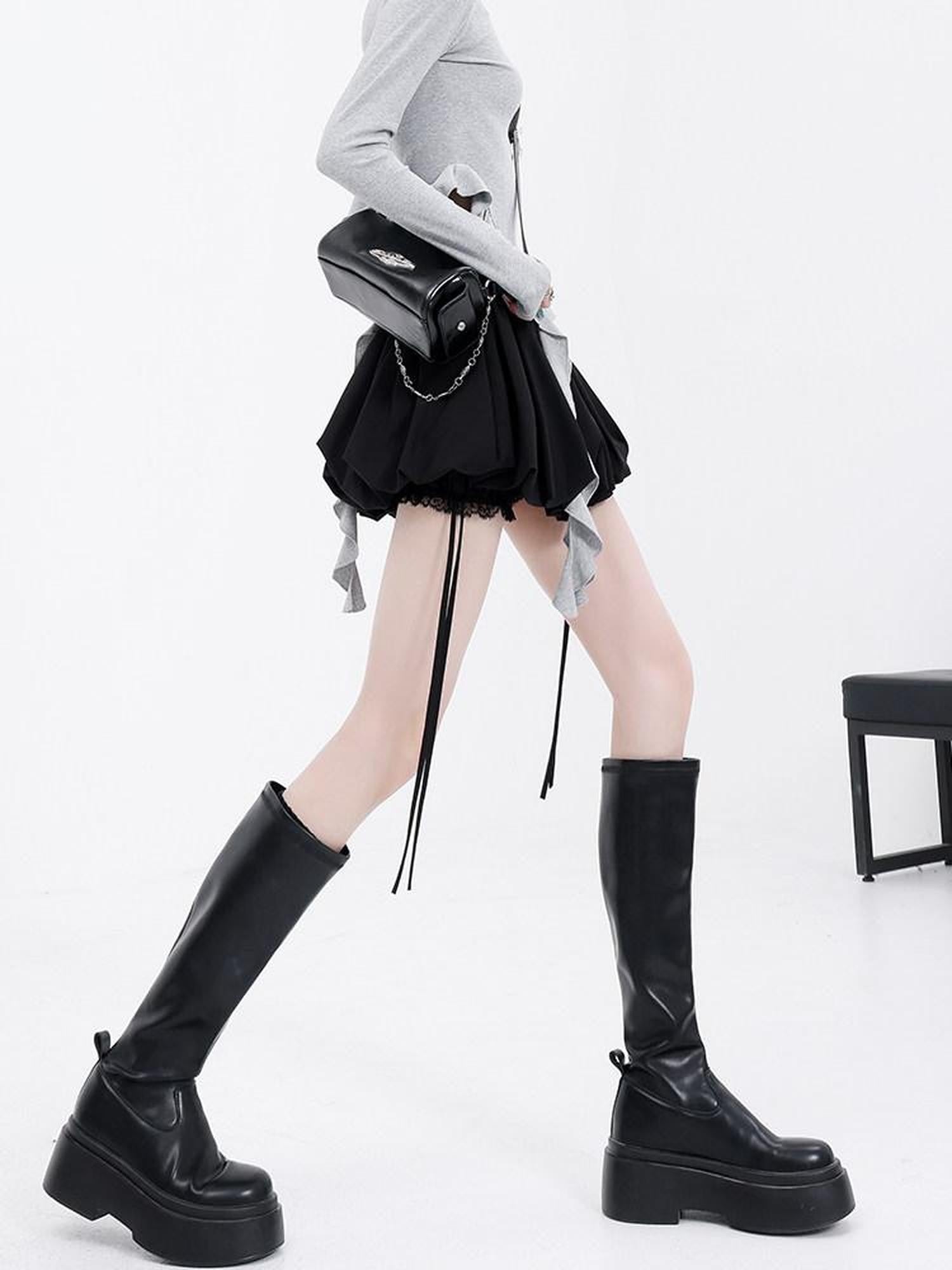 QIUQIU STUDIO Puffed Patchwork A Line Elastic Waist Women&