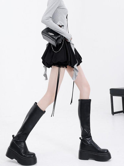 QIUQIU STUDIO Puffed Patchwork A Line Elastic Waist Women&