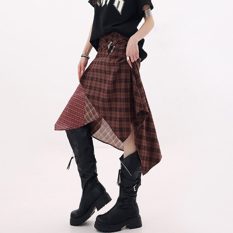 QIUQIU_STUDIO_Red_Asymmetrical_Tricolor_Plaid_Patchwork_Layered_A_Line_Women&