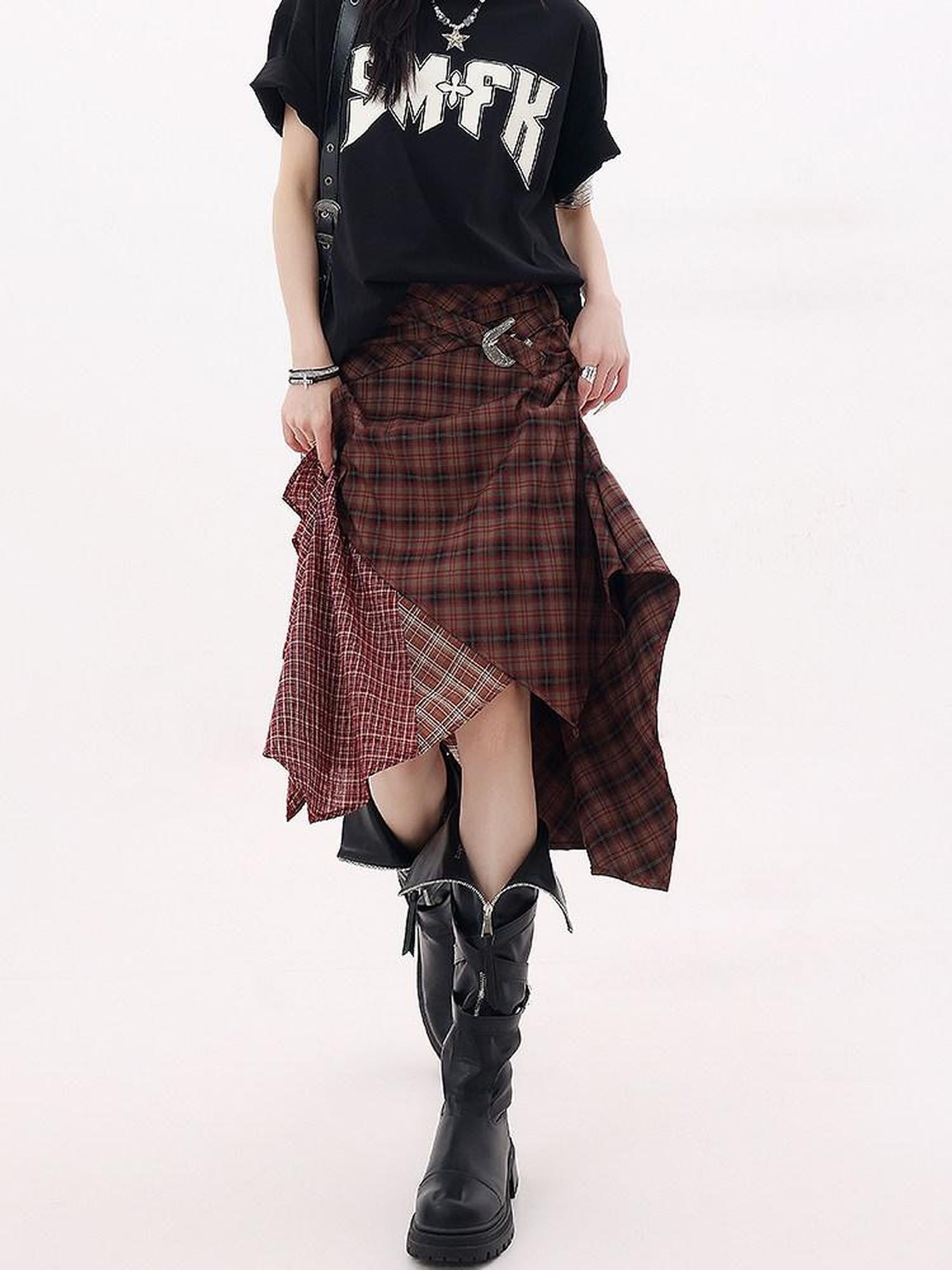 QIUQIU STUDIO Red Asymmetrical Tricolor Plaid Patchwork Layered A Line Women&