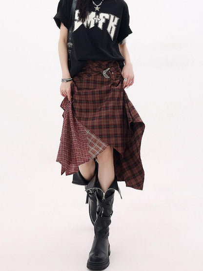 QIUQIU STUDIO Red Asymmetrical Tricolor Plaid Patchwork Layered A Line Women&