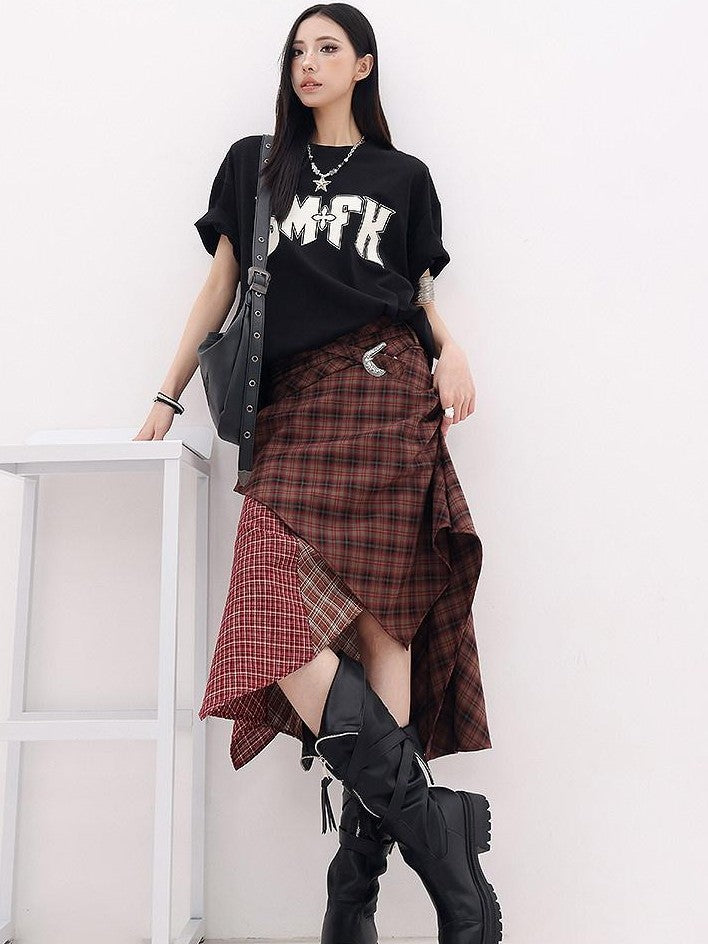 QIUQIU STUDIO Red Asymmetrical Tricolor Plaid Patchwork Layered A Line Women&