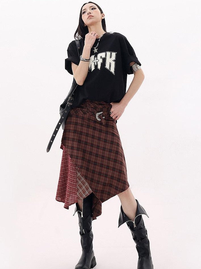 QIUQIU STUDIO Red Asymmetrical Tricolor Plaid Patchwork Layered A Line Women&