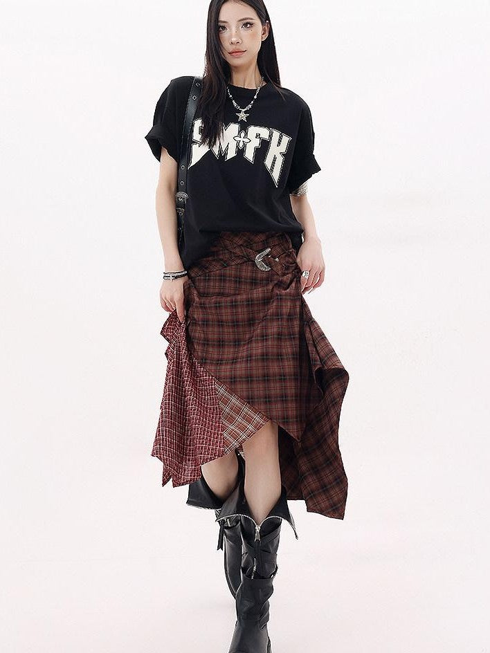 QIUQIU STUDIO Red Asymmetrical Tricolor Plaid Patchwork Layered A Line Women&