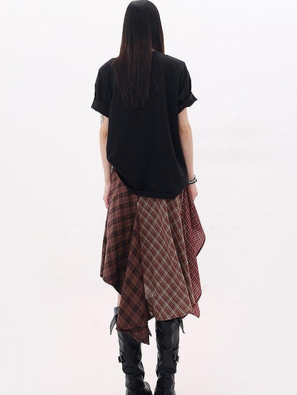 QIUQIU STUDIO Red Asymmetrical Tricolor Plaid Patchwork Layered A Line Women&
