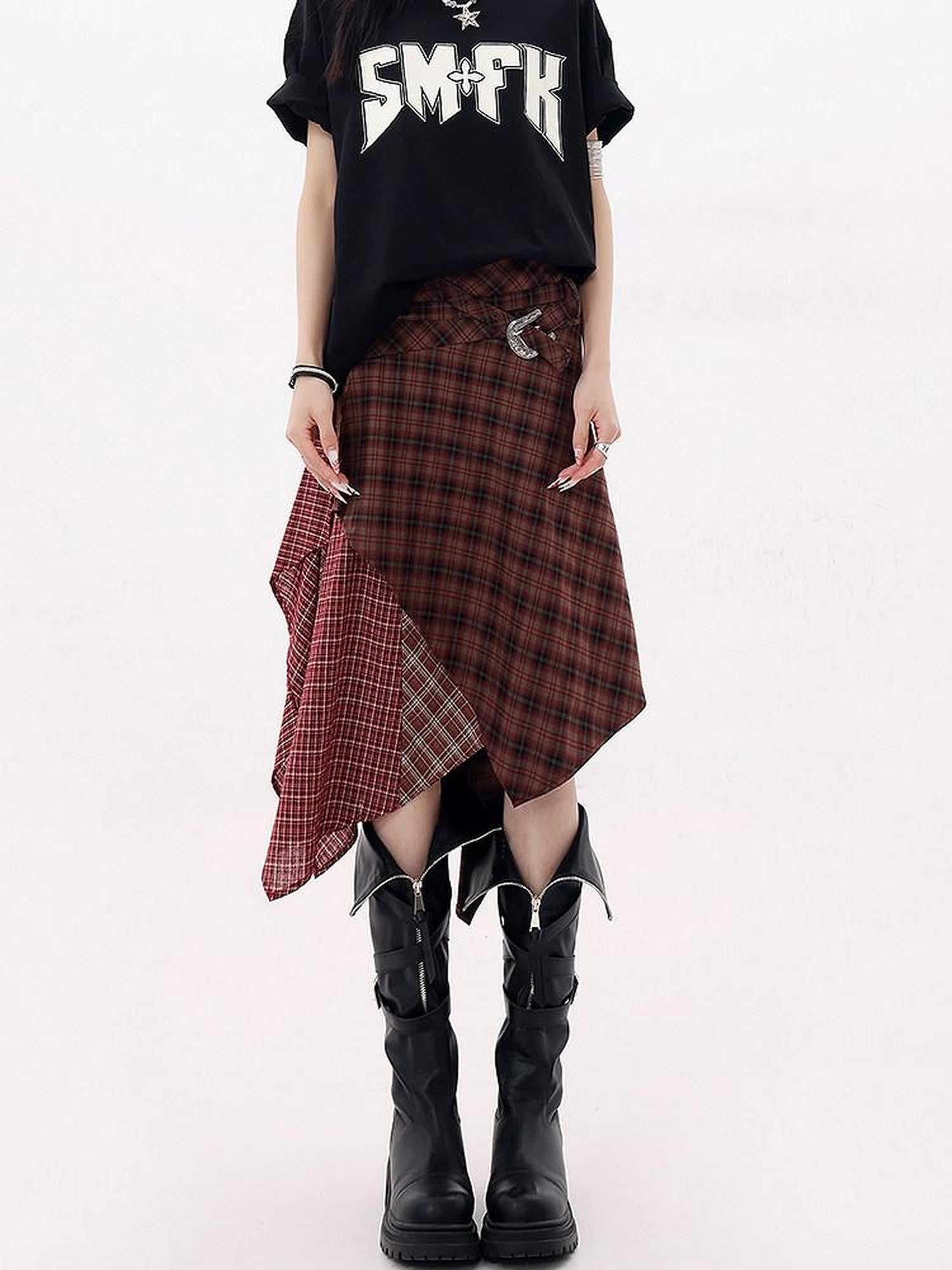 QIUQIU STUDIO Red Asymmetrical Tricolor Plaid Patchwork Layered A Line Women&