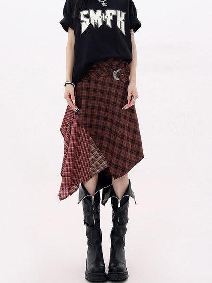 QIUQIU STUDIO Red Asymmetrical Tricolor Plaid Patchwork Layered A Line Women&