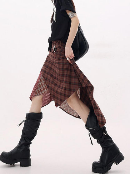 QIUQIU STUDIO Red Asymmetrical Tricolor Plaid Patchwork Layered A Line Women&