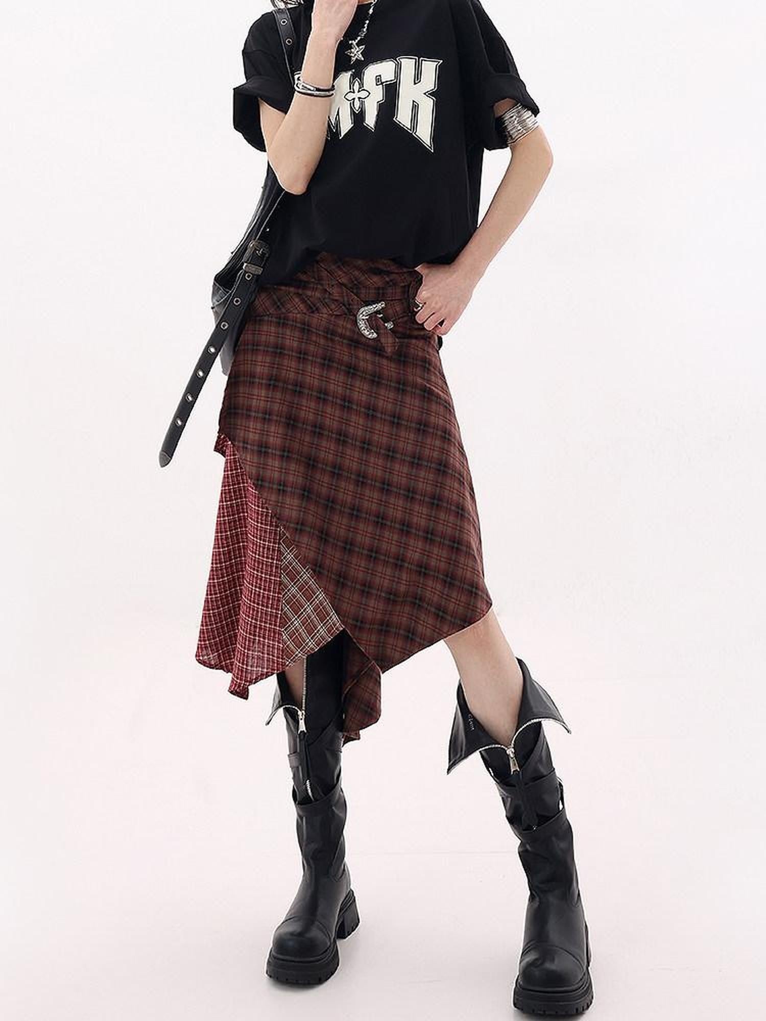 QIUQIU STUDIO Red Asymmetrical Tricolor Plaid Patchwork Layered A Line Women&