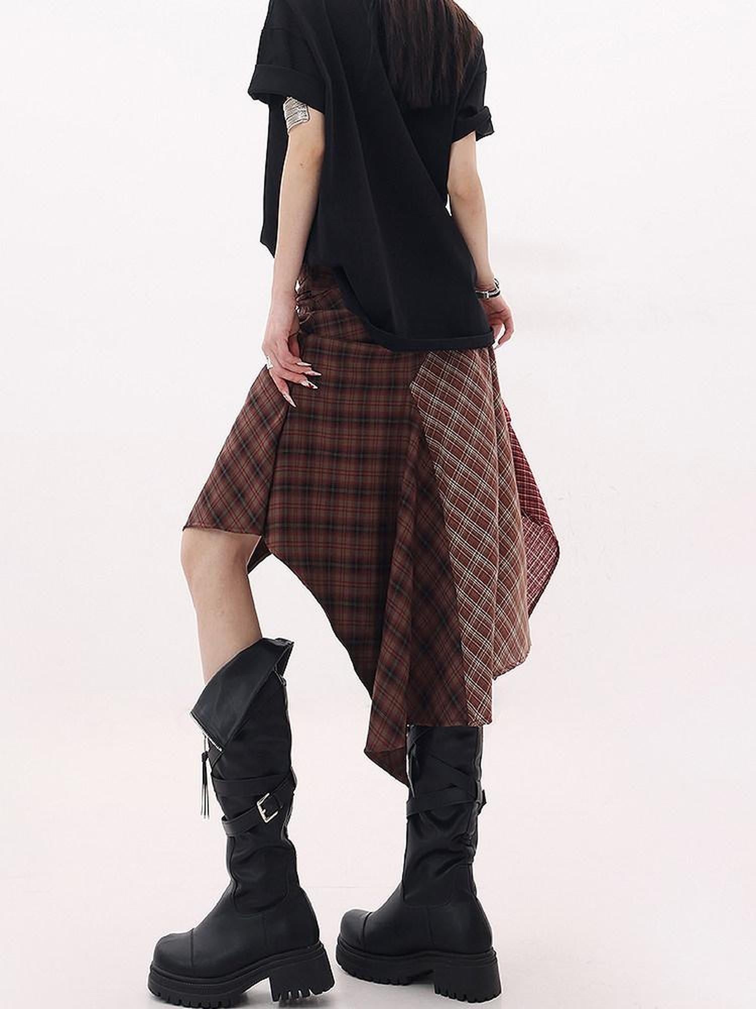 QIUQIU STUDIO Red Asymmetrical Tricolor Plaid Patchwork Layered A Line Women&