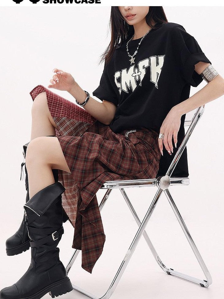 QIUQIU STUDIO Red Asymmetrical Tricolor Plaid Patchwork Layered A Line Women&