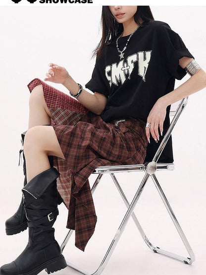 QIUQIU STUDIO Red Asymmetrical Tricolor Plaid Patchwork Layered A Line Women&
