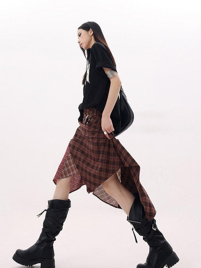 QIUQIU STUDIO Red Asymmetrical Tricolor Plaid Patchwork Layered A Line Women&