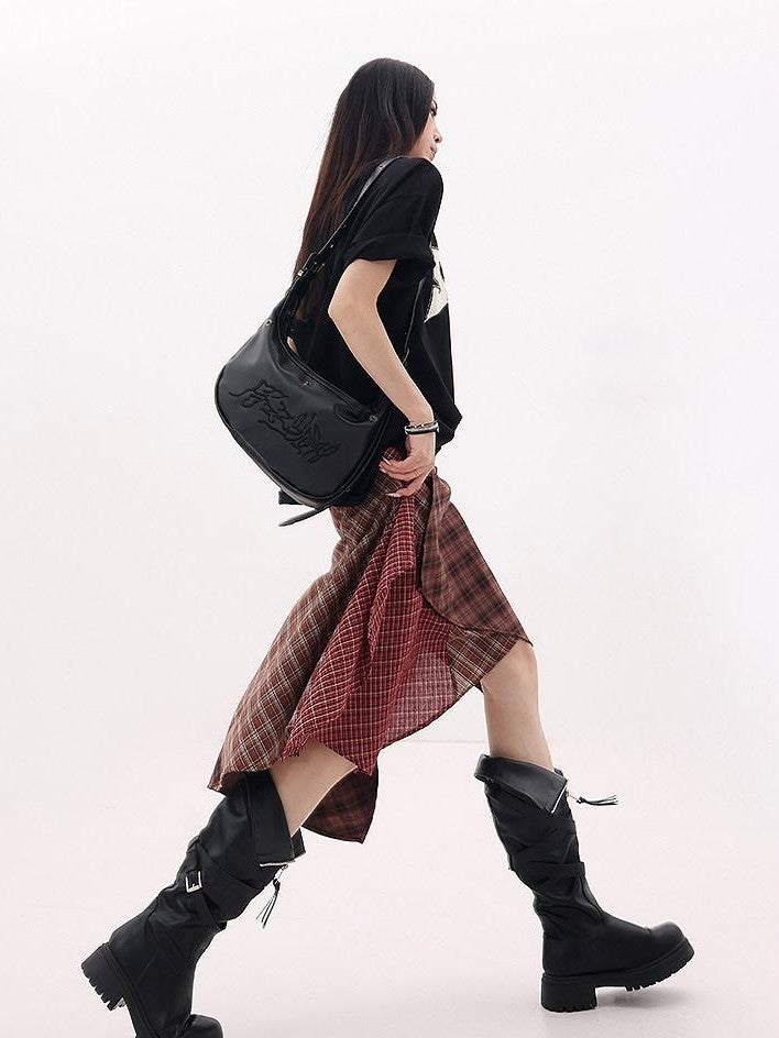 QIUQIU STUDIO Red Asymmetrical Tricolor Plaid Patchwork Layered A Line Women&