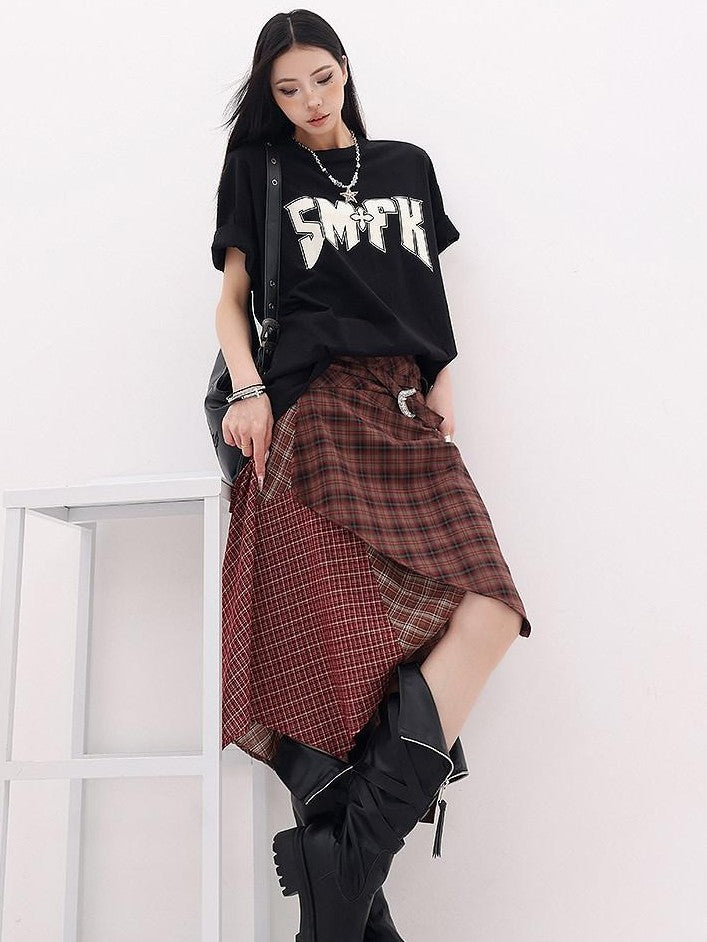 QIUQIU STUDIO Red Asymmetrical Tricolor Plaid Patchwork Layered A Line Women&