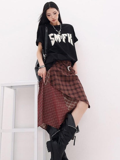 QIUQIU STUDIO Red Asymmetrical Tricolor Plaid Patchwork Layered A Line Women&