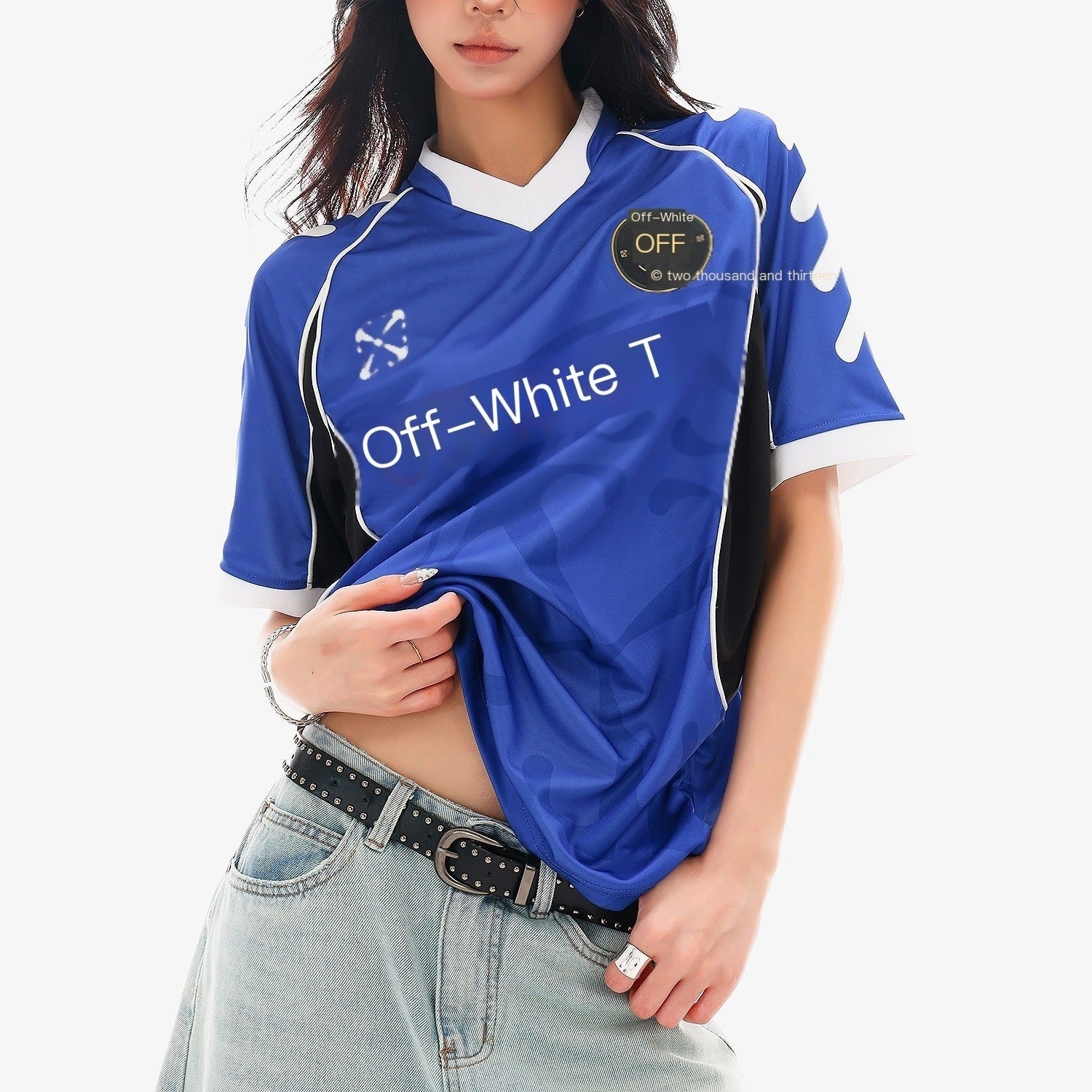 QIUQIU_STUDIO_Red_Blue_Colorblock_Soccer_Number_Print_Loose_Women&