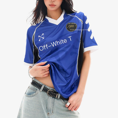 QIUQIU_STUDIO_Red_Blue_Colorblock_Soccer_Number_Print_Loose_Women&